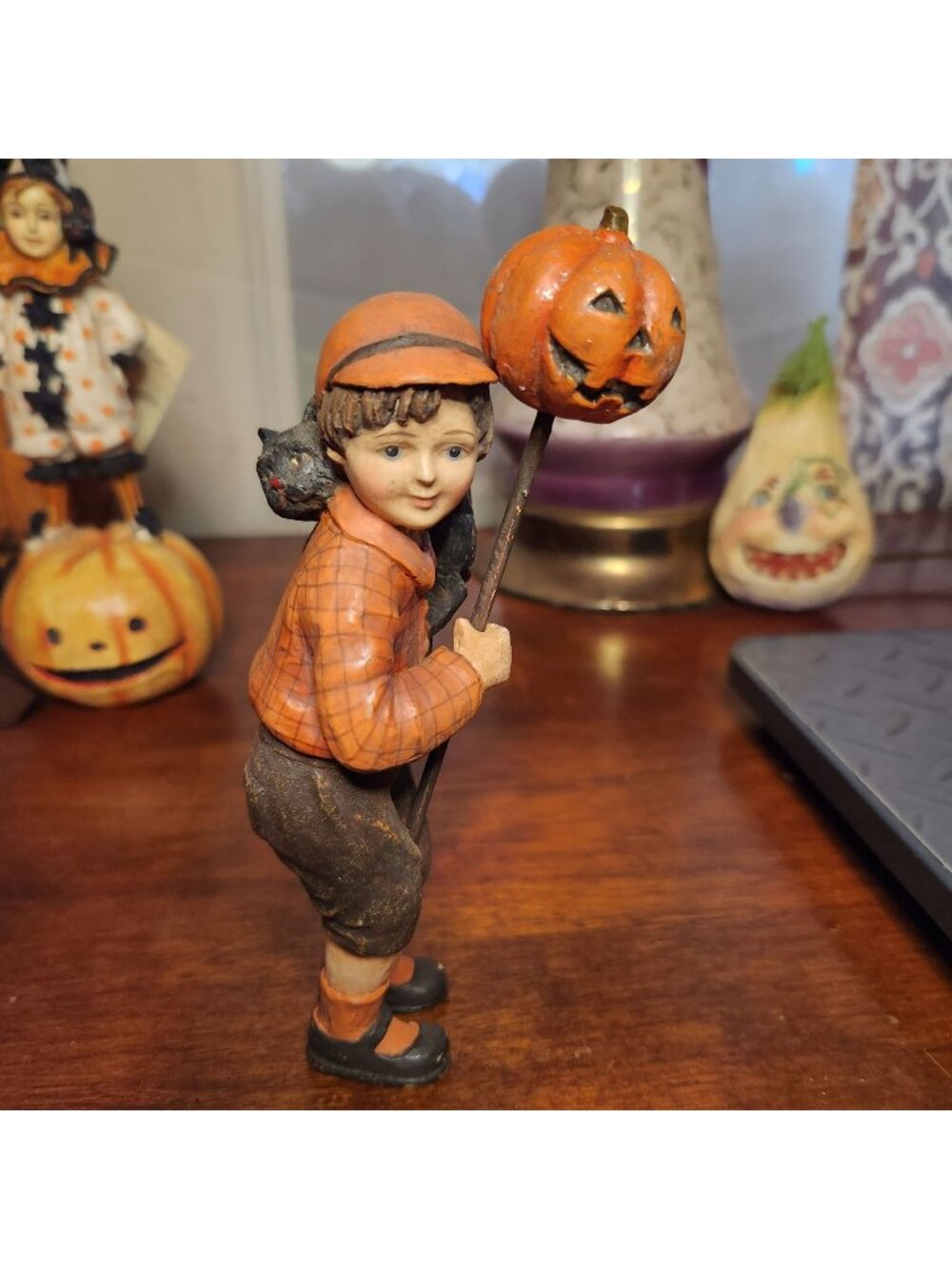 Vintage Bethany Lowe Halloween Figurine Boy Black Cat Jack-O-Lantern Stick 6.5"